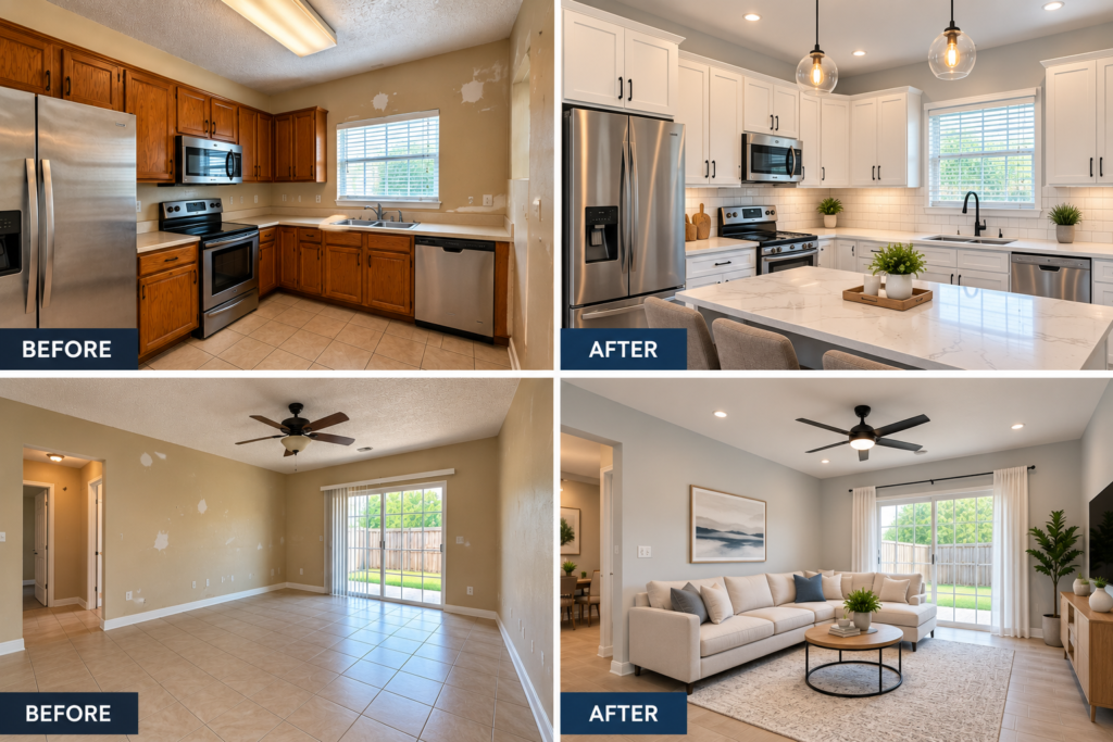kitchen and living room renovation showcase