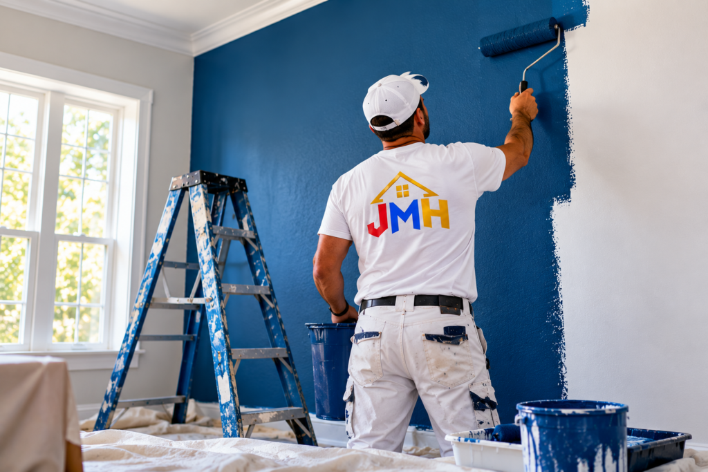 professional painter applying navy blue wall finish